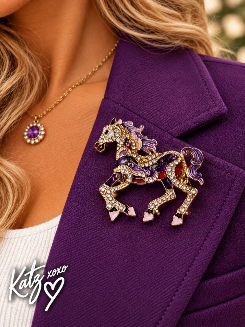 Purple Rhinestone Horse Brooch Gold Enamel Equestrian Western Luxe Galloping Pin